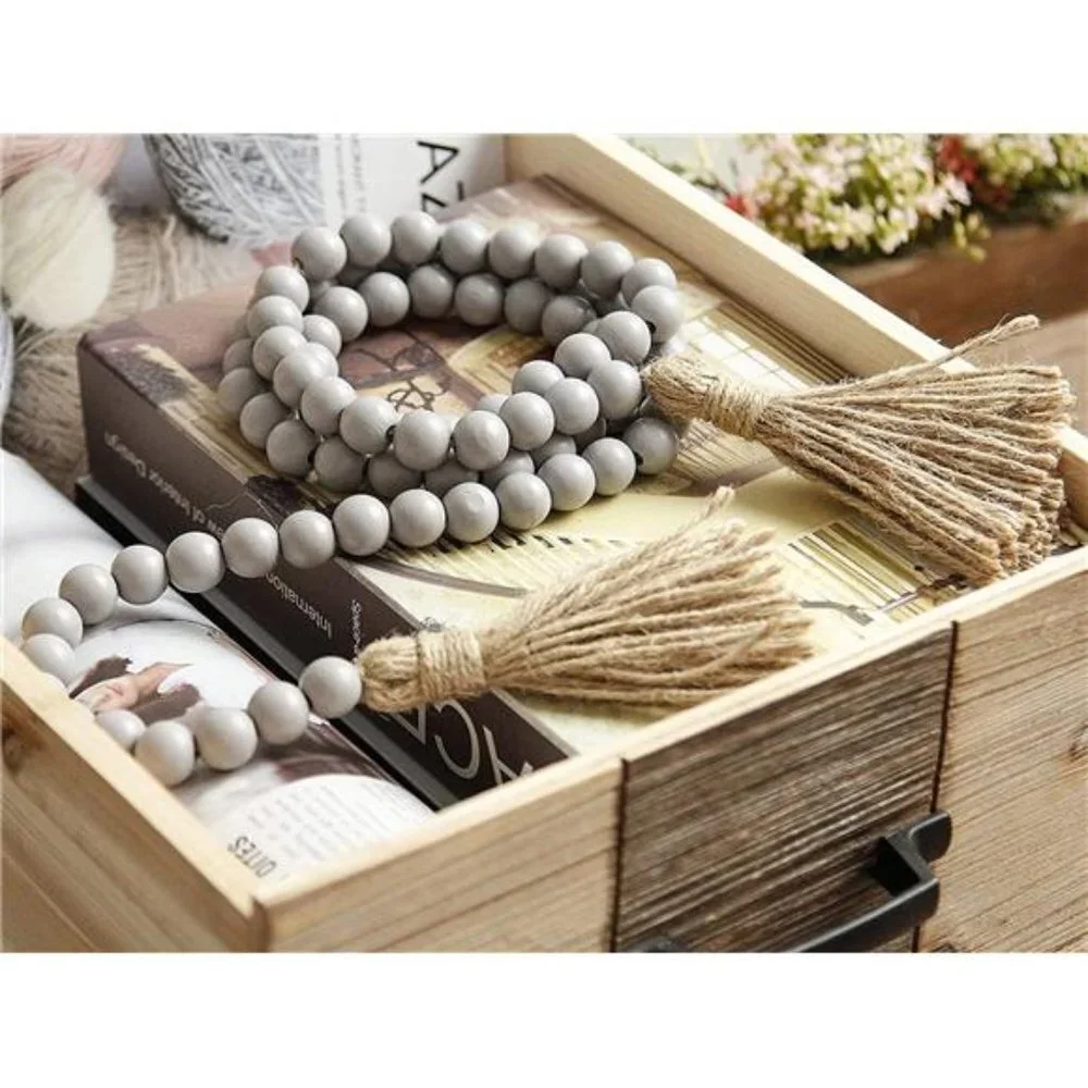 Wood Bead Garland with Tassels Wall Hanging Decoration (Gray)